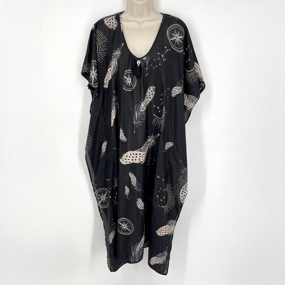 Figue Silk Midi Length Tassel Kaftan Sz L Black Tan Sheer Celestial Swim Coverup - Picture 1 of 12